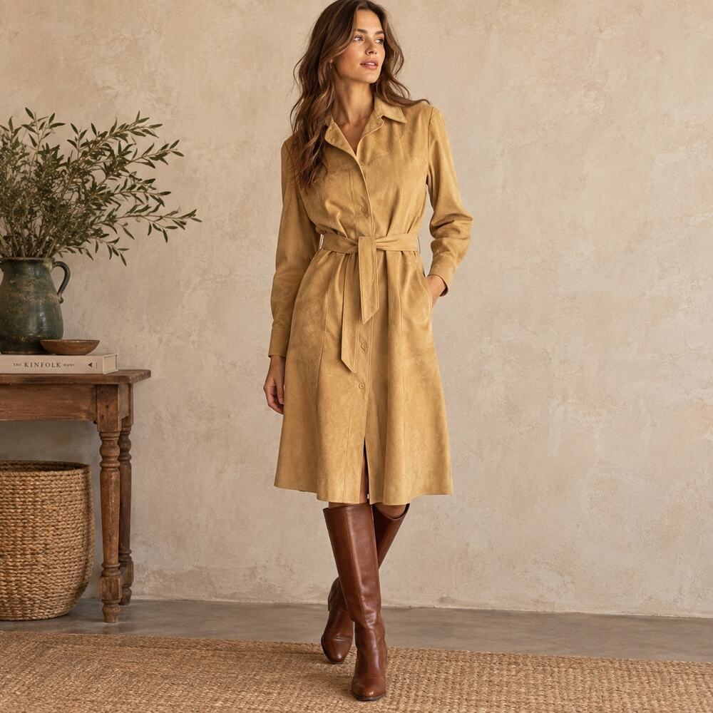 Vintage 70s Khaki Ultrasuede Shirt Dress Belted Dagger Collar M/L